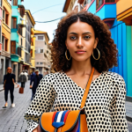 Loewe Puzzle Bag**

Prompt: A stylish woman in Ankara, Turkey, carrying a Loewe Puzzle bag in a modern, geometric design. She is wearing a chic outfit suitable for both the office and dinner. The background should be a bustling street scene in Istanbul with colorful buildings and people. Emphasize the bag's unique shape and high-quality leather.

**