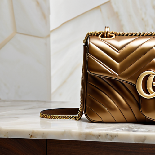 Home 6 A professional studio close-up of a luxurious Gucci GG Marmont Matelassé shoulder bag. The image emphasizes the iconic antique gold-tone Double G logo, the meticulously crafted quilted leather texture, and the elegant chain strap, with the leather appearing soft and supple. The bag is placed on a polished dark wood surface or a minimalist, light-colored marble pedestal, against a softly blurred, sophisticated background that suggests a high-end boutique or gallery setting. The lighting is natural and soft studio illumination. Professional presentation, high quality, perfect rendering, correct proportions, well-formed details, natural material texture, safe for work, appropriate content, professional, modest.