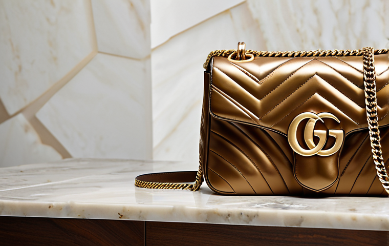 A professional studio close-up of a luxurious Gucci GG Marmont Matelassé shoulder bag. The image emphasizes the iconic antique gold-tone Double G logo, the meticulously crafted quilted leather texture, and the elegant chain strap, with the leather appearing soft and supple. The bag is placed on a polished dark wood surface or a minimalist, light-colored marble pedestal, against a softly blurred, sophisticated background that suggests a high-end boutique or gallery setting. The lighting is natural and soft studio illumination. Professional presentation, high quality, perfect rendering, correct proportions, well-formed details, natural material texture, safe for work, appropriate content, professional, modest.